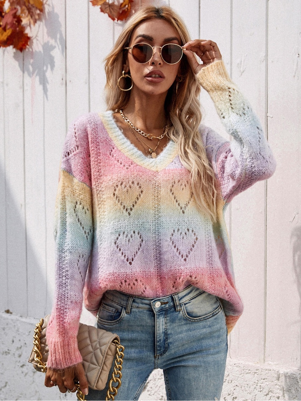 Rainbow Ombre Pointelle Heart Sweater